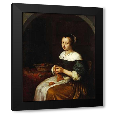 A Woman Knitting With a Basket of Fruit Black Modern Wood Framed Art Print with Double Matting by Netscher, Caspar