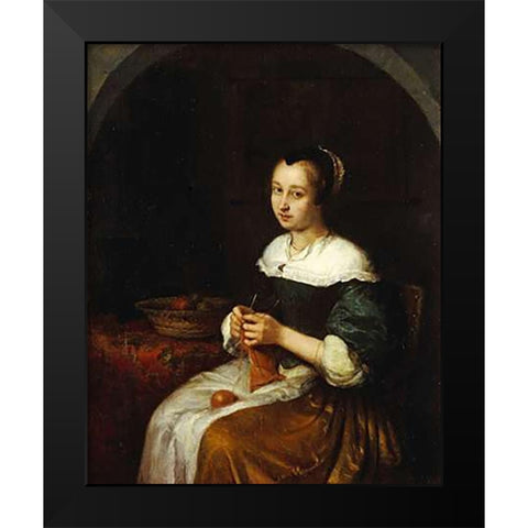 A Woman Knitting With a Basket of Fruit Black Modern Wood Framed Art Print by Netscher, Caspar