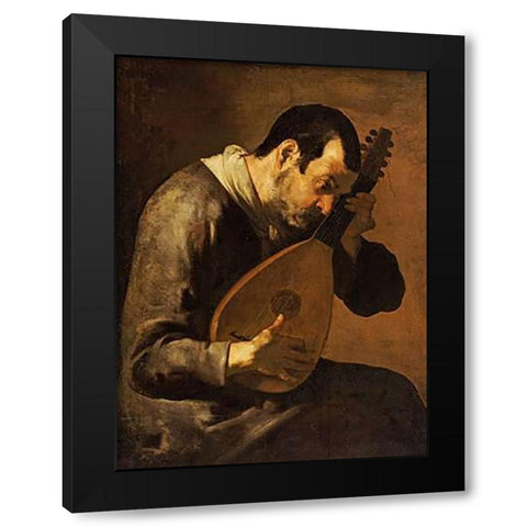 The Sense of Hearing; a Man Playing a Mandolin Black Modern Wood Framed Art Print by Passante, Bartolomeo