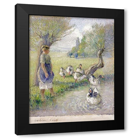 The Goose Girl Black Modern Wood Framed Art Print with Double Matting by Pissarro, Camille