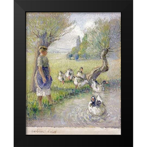 The Goose Girl Black Modern Wood Framed Art Print by Pissarro, Camille