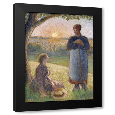 Country Women Chatting, Sunset, Eragny Black Modern Wood Framed Art Print with Double Matting by Pissarro, Camille