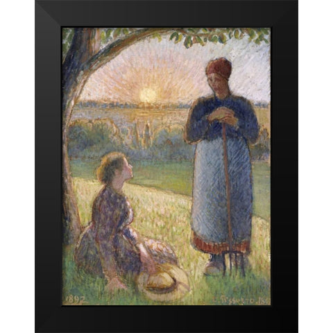 Country Women Chatting, Sunset, Eragny Black Modern Wood Framed Art Print by Pissarro, Camille