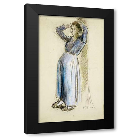 Country Girl Leaning Against a Tree Black Modern Wood Framed Art Print by Pissarro, Camille