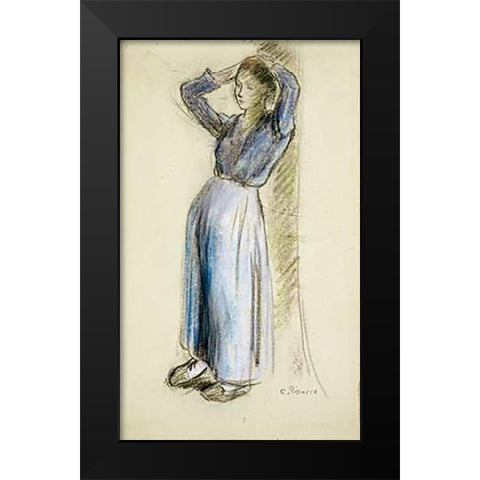 Country Girl Leaning Against a Tree Black Modern Wood Framed Art Print by Pissarro, Camille