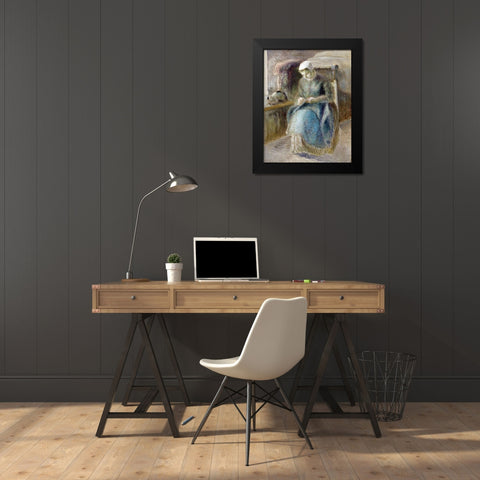 Woman Sewing Black Modern Wood Framed Art Print by Pissarro, Camille