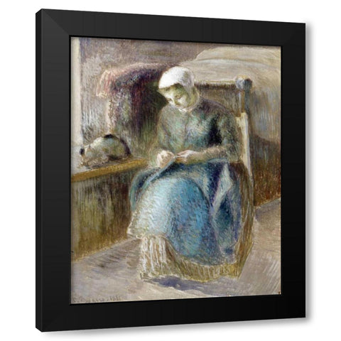 Woman Sewing Black Modern Wood Framed Art Print with Double Matting by Pissarro, Camille