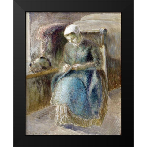 Woman Sewing Black Modern Wood Framed Art Print by Pissarro, Camille