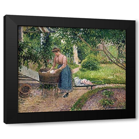 Washerwoman at Eragny Black Modern Wood Framed Art Print with Double Matting by Pissarro, Camille