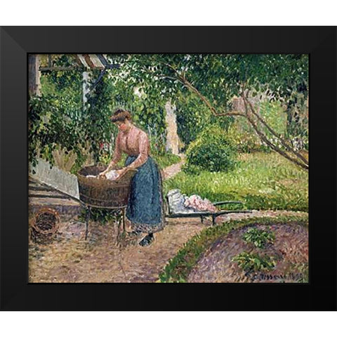 Washerwoman at Eragny Black Modern Wood Framed Art Print by Pissarro, Camille
