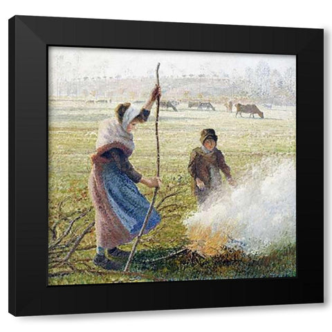 White Frost, Woman Breaking Up Wood Black Modern Wood Framed Art Print by Pissarro, Camille