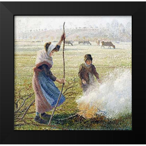 White Frost, Woman Breaking Up Wood Black Modern Wood Framed Art Print by Pissarro, Camille