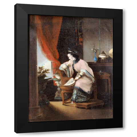 A Chinese Girl Seated Black Modern Wood Framed Art Print with Double Matting by Qua, Lam
