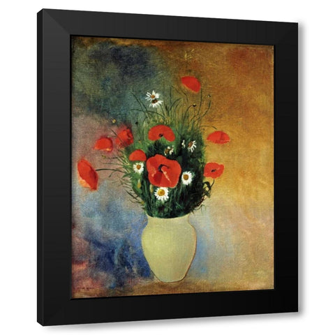 Poppies and Daisies Black Modern Wood Framed Art Print with Double Matting by Redon, Odilion