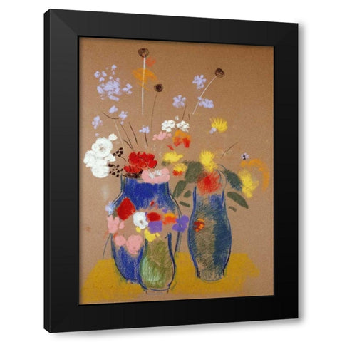 Three Vases of Flowers Black Modern Wood Framed Art Print by Redon, Odilion