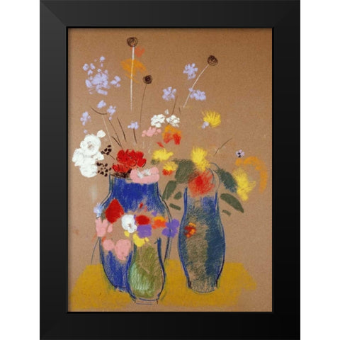 Three Vases of Flowers Black Modern Wood Framed Art Print by Redon, Odilion