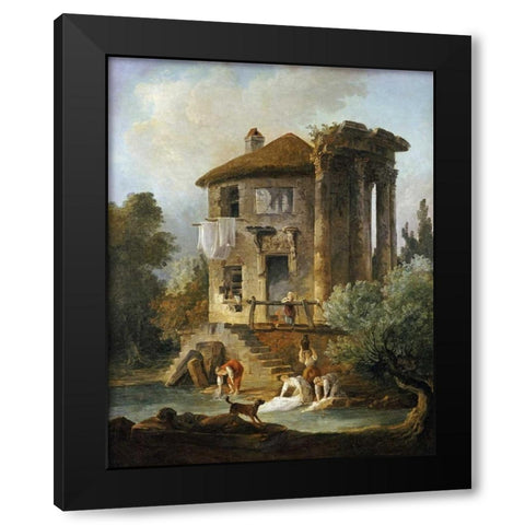 Washerwomen Outside The Temple of The Sibyl, Tivoli Black Modern Wood Framed Art Print by Robert, Hubert