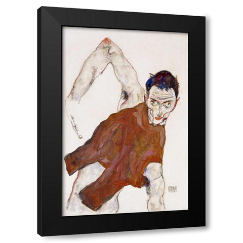 Self Portrait In a Jerkin Black Modern Wood Framed Art Print by Schiele, Egon