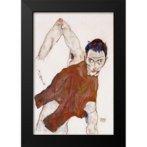 Self Portrait In a Jerkin Black Modern Wood Framed Art Print by Schiele, Egon