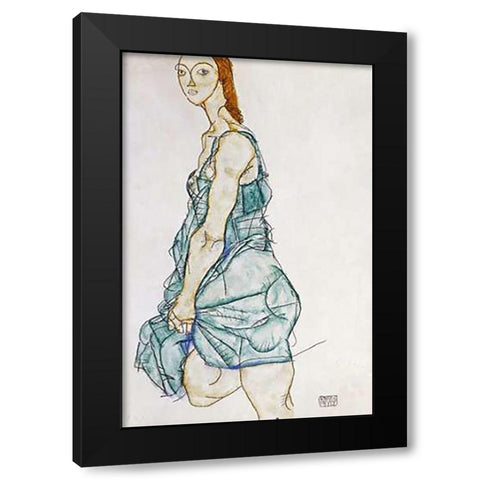 Upright Standing Woman Black Modern Wood Framed Art Print with Double Matting by Schiele, Egon