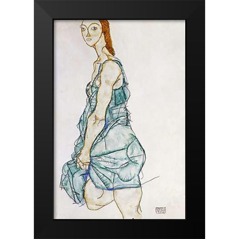 Upright Standing Woman Black Modern Wood Framed Art Print by Schiele, Egon