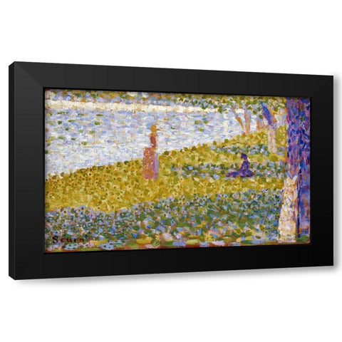 Women On The River Bank Black Modern Wood Framed Art Print by Seurat, Georges