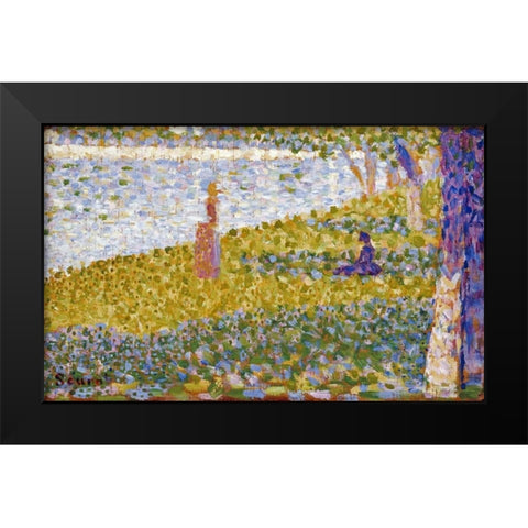 Women On The River Bank Black Modern Wood Framed Art Print by Seurat, Georges