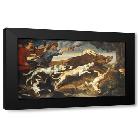 A Boar Hunt Black Modern Wood Framed Art Print by Snyders, Frans