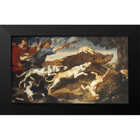 A Boar Hunt Black Modern Wood Framed Art Print by Snyders, Frans