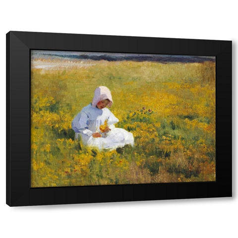 A Young Girl Picking Flowers Black Modern Wood Framed Art Print by Stokes, Marianne