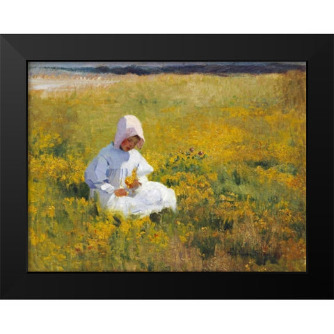 A Young Girl Picking Flowers Black Modern Wood Framed Art Print by Stokes, Marianne