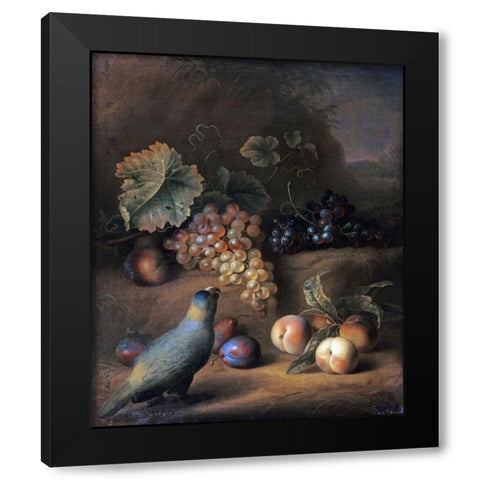 A Parrot With Grapes, Peaches and Plums In a Landscape Black Modern Wood Framed Art Print by Stranover, Tobias