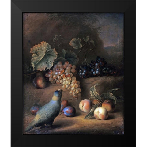 A Parrot With Grapes, Peaches and Plums In a Landscape Black Modern Wood Framed Art Print by Stranover, Tobias