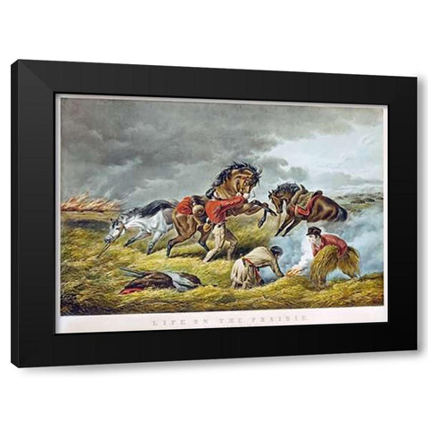 Life On The Prairie - The Trappers Defense, Fire Fight Fire Black Modern Wood Framed Art Print with Double Matting by Tait, Arthur Fitzwilliam