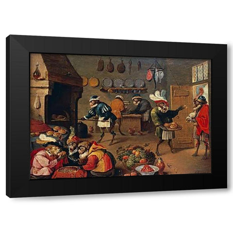 Les Singes Cuisiniers. The Monkeys Cooks Black Modern Wood Framed Art Print with Double Matting by II, David