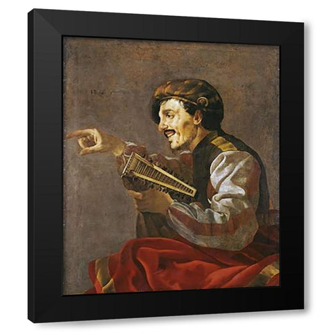 A Seated Lutanist Pointing Black Modern Wood Framed Art Print with Double Matting by Ter Brugghen, Hendrick