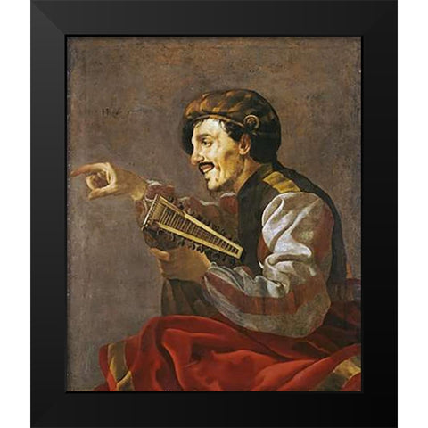 A Seated Lutanist Pointing Black Modern Wood Framed Art Print by Ter Brugghen, Hendrick