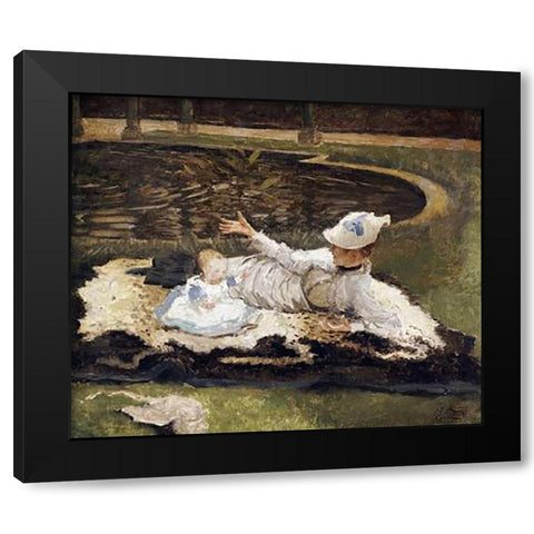 Mrs Newton With a Child By a Pool Black Modern Wood Framed Art Print with Double Matting by Tissot, James Jacques