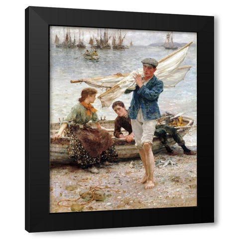 Return From Fishing Black Modern Wood Framed Art Print by Tuke, Henry Scott