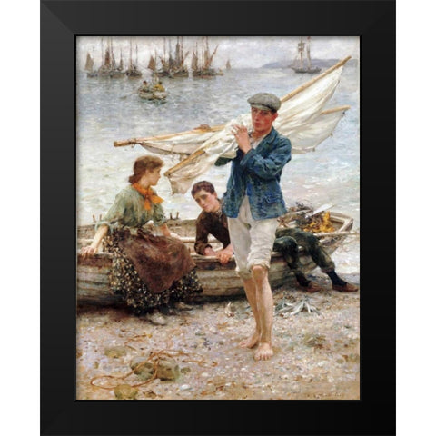 Return From Fishing Black Modern Wood Framed Art Print by Tuke, Henry Scott