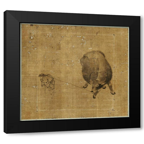 Small Boy Struggling To Lead a Water Buffalo Black Modern Wood Framed Art Print with Double Matting by Unknown