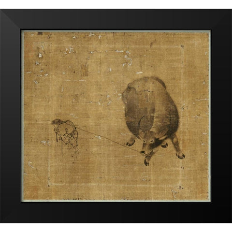 Small Boy Struggling To Lead a Water Buffalo Black Modern Wood Framed Art Print by Unknown