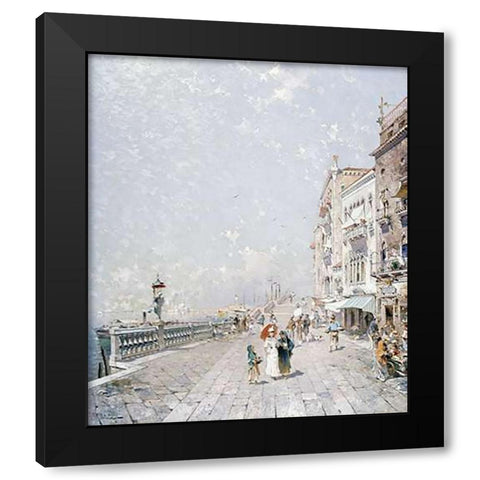 The Molo, Venice, Looking West With Figures Promenading Black Modern Wood Framed Art Print by Unterberger, Franz Richard
