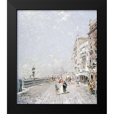 The Molo, Venice, Looking West With Figures Promenading Black Modern Wood Framed Art Print by Unterberger, Franz Richard