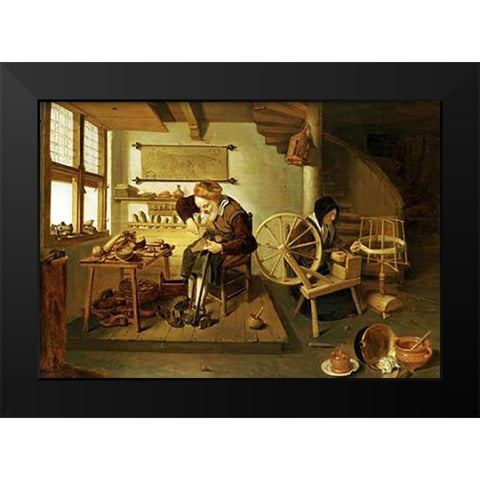 The Interior of a Cobblers Shop Black Modern Wood Framed Art Print by Van Brekelenkam, Gerritsz Quiryn