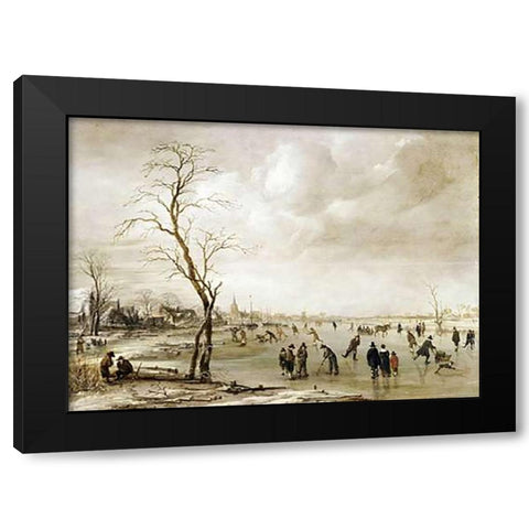 A Winter Landscape Black Modern Wood Framed Art Print with Double Matting by Van Der Neer, Aert