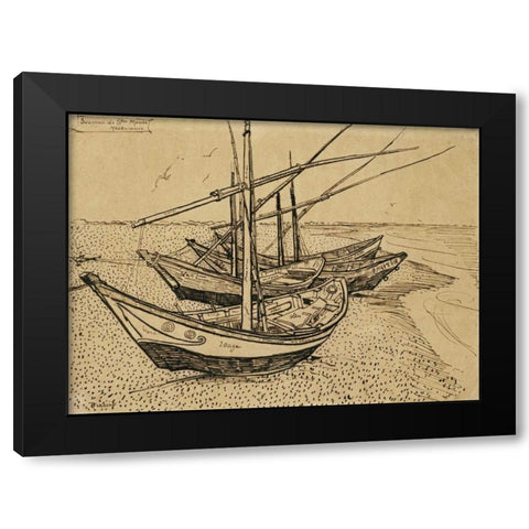 Boats On The Beach at Saintes-Maries-De-La-Mer Black Modern Wood Framed Art Print with Double Matting by Van Gogh, Vincent