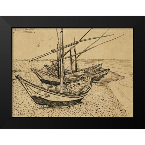 Boats On The Beach at Saintes-Maries-De-La-Mer Black Modern Wood Framed Art Print by Van Gogh, Vincent