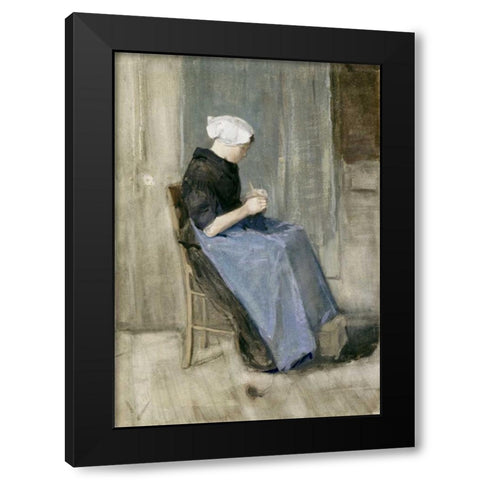 A Young Scheveningen Woman Knitting Black Modern Wood Framed Art Print with Double Matting by Van Gogh, Vincent