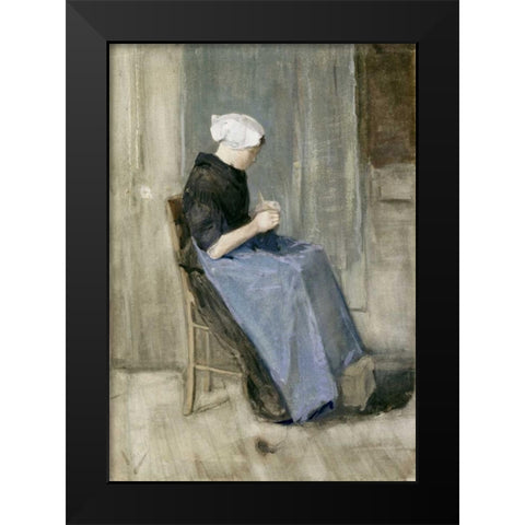 A Young Scheveningen Woman Knitting Black Modern Wood Framed Art Print by Van Gogh, Vincent